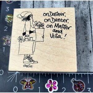 American Art Stamp Christmas Shopper Credit Cards Visa Rubber Stamp Wood #Q95